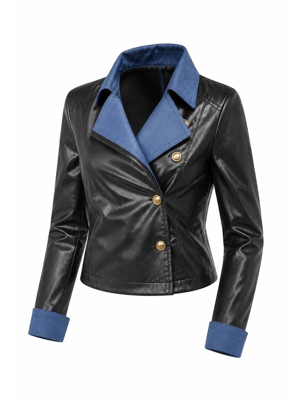 Women's Black Faux Leather Jacket with Blue Collar and Cuffs, Size XL